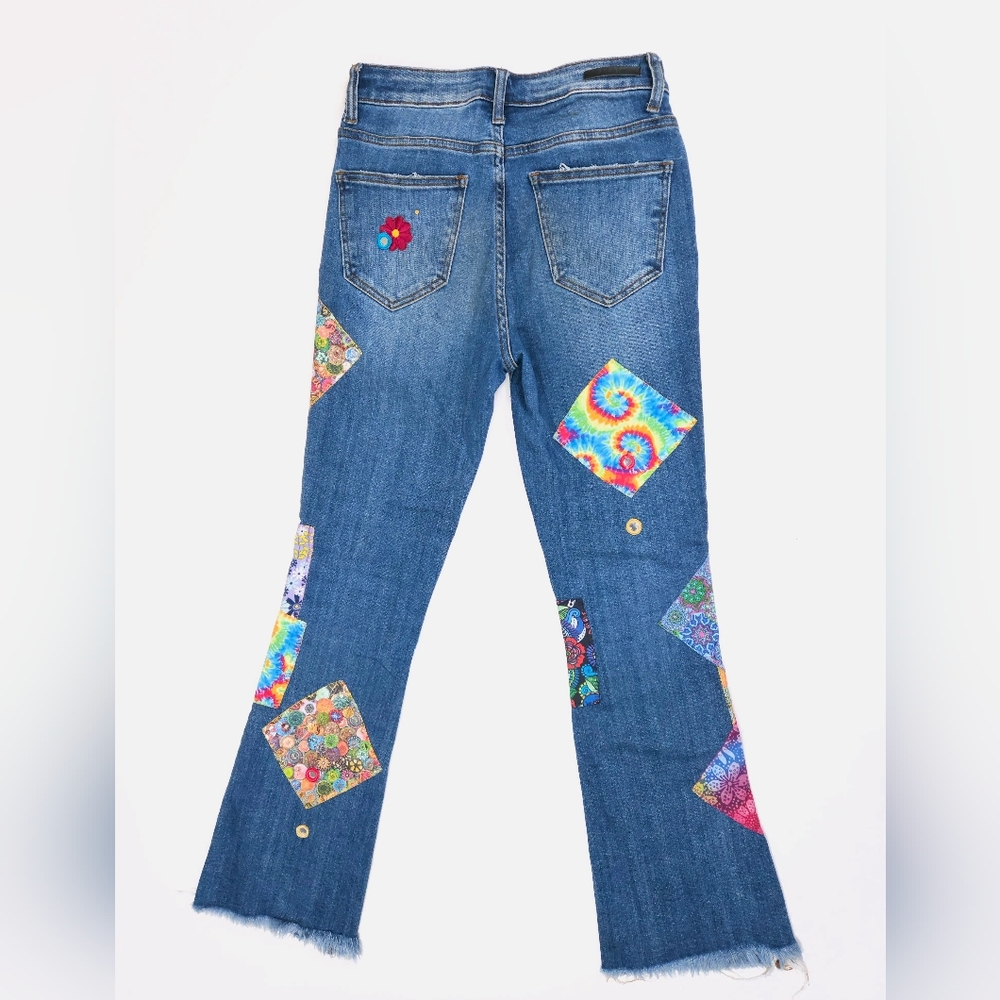 RISEN Los Angeles Flared Blue Jeans Distressed Patched Upcycled Denim Size 26 /3 - Picture 12 of 16
